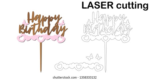 Sign 'Happy birthday' cake topper for laser or milling cut.