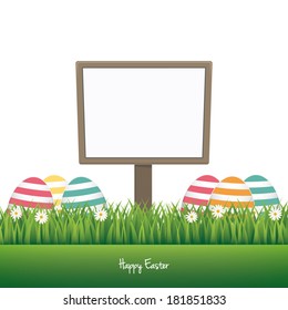 sign happy easter colorful eggs daisy meadow isolated