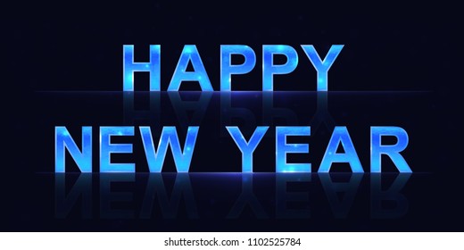 Sign Happy New Year with blue letters on black background.