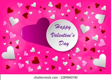 Sign Happy Valentine's Day vector with bent pink heart and a lot of hearts around. All is on a trendy pink background