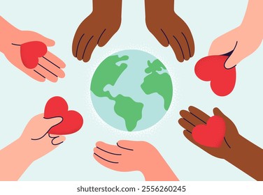 Sign of the heart in the hands of people of different nationalities around the planet. Kindness, charity, and volunteering work concept. Vector flat illustration on a colorful background.