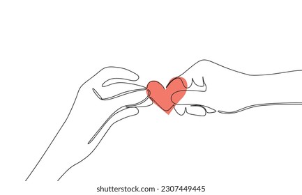 Sign heart in two hands. Concept of love. Continuous line one drawing. Vector illustration. Simple line illustration.