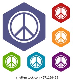Sign hippie peace icons set rhombus in different colors isolated on white background