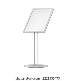 Sign holder stand realistic vector mockup. Blank white vertical menu board. Floor standing display. Metal poster frame mock-up. Template for design