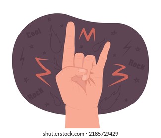 Sign of horns 2D vector isolated illustration. Rock flat hand gesture on cartoon background. Heavy metal symbol colourful editable scene for mobile, website, presentation. Blaka Regular font used