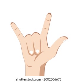 Sign of the horns cartoon, human hand gesture. Vector symbol to support rock hand, music gesture of devils horns, heavy metal icon, human arm for rocker illustration. Cool expression emotion gesturing