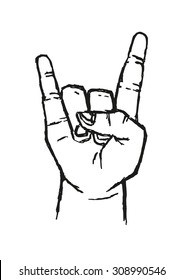 Sign of the Horns Hand Salute  or Sign Language Used in many alternative communications especially by rock stars and rock fans. Stylized Outline Art. Editable Clip Art.