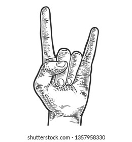 Sign of horns rock heavy metal hand gesture sketch engraving vector illustration. Scratch board style imitation. Hand drawn image.