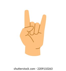 Sign of the horns, rock n rock music gesture, isolated hand with index and little finger pointed up. Non verbal communication. Flat cartoon, vector in flat style