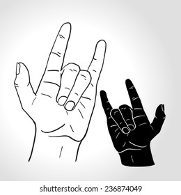 Sign of the horns. Rock on hand sign, rock n roll, hard rock, heavy metal, music, detailed black and white vector illustration. 