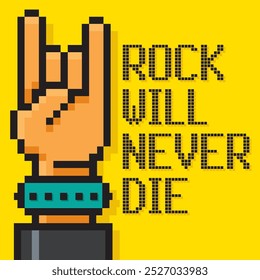 Sign of the horns. Rock and roll hand sign. Heavy Rock Icon. Print on the t-shirt. Old school computer graphic design. Pixel art 8-bit style. Isolated vector illustration.