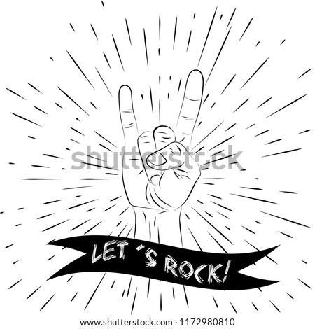Sign of the horns scetch. Comics cartoon style.With an inscription: let's rock. Lines and strokes