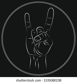 Sign of the horns scetch in round double-line frame. Comics cartoon style. Lines and strokes. White strokes on a black background. 