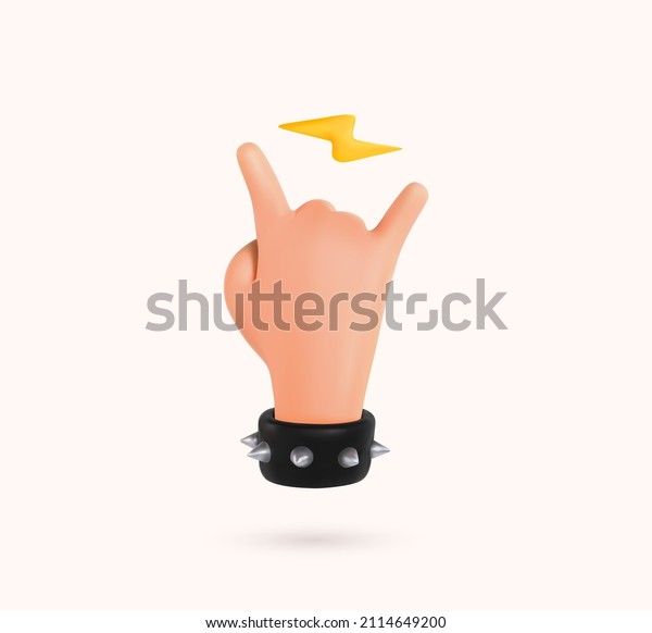 Sign of the horns\
ui hero character. Rock sign hand gesture isolated 3d cartoon hand.\
Heavy metal isolated arm