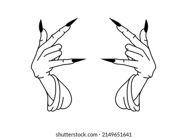 Sign of the horns, vector outline hard rock sign, black devil tattoo sketch, death metal icon, evil halloween emblem, metal band gesture cover, music festival poster, witch hands, horror hoodie print