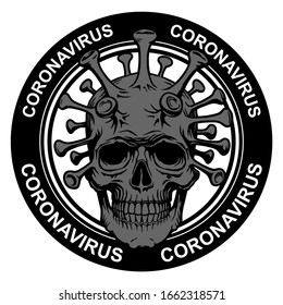Zeichnen Sie Symbol Vorsicht Koronavirus mit einem bösen Gefahrenschädel. Beenden Sie die Biologie-Bakterien-Epidemie 2019-Ncov China. Das Koronavirus gefährdet die Gesundheit. Pandemie medizinische Alarm-Konzept covid-19 gefährliche Zellen.