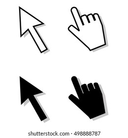 Sign icon of the cursor pointer. Hand and hand and watch in black and white. Vector illustration.