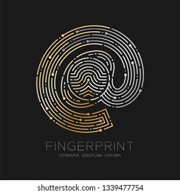 At sign icon Fingerprint scan pattern logo dash line, digital technology online concept, illustration silver and gold isolated on black background with Fingerprint text, vector