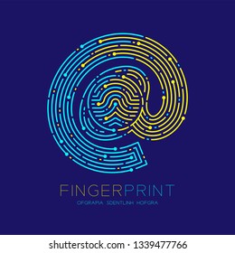 At sign icon Fingerprint scan pattern logo dash line, digital technology online concept, Editable stroke illustration yellow and blue isolated on dark blue background with Fingerprint text, vector