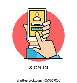 Sign in icon. Hand holding smartphone with login page and login and password registration form, finger touching screen. Modern flat design thin line concept. Vector icon isolated on white background