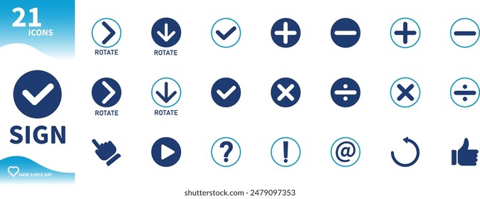 Sign icon. Icons set of plus sign, question mark, arrow, like