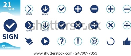 Sign icon. Icons set of plus sign, question mark, arrow, like