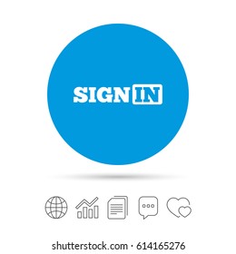 Sign in icon. Join symbol. Copy files, chat speech bubble and chart web icons. Vector