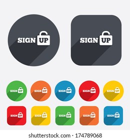 Sign up sign icon. Registration symbol. Lock icon. Circles and rounded squares 12 buttons. Vector