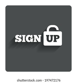 Sign up sign icon. Registration symbol. Lock icon. Gray flat button with shadow. Modern UI website navigation. Vector