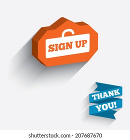 Sign up sign icon. Registration symbol. Lock icon. White icon on orange 3D piece of wall. Carved in stone with long flat shadow. Vector