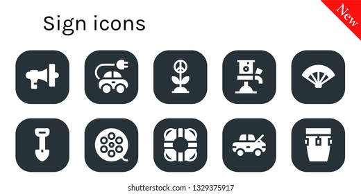 sign icon set. 10 filled sign icons.  Simple modern icons about  - Megaphone, Electric car, Peace, Beer tap, Fan, Shovel, Film roll, Lifesaver, Damage, Conga