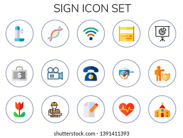 sign icon set. 15 flat sign icons.  Simple modern icons about  - fountain, briefcase, dna, video camera, wifi, telephone, toolbox, carriage, pie chart, protection, tulip, carpenter