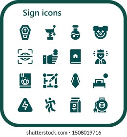 sign icon set. 16 filled sign icons.  Collection Of - Coffin, Spring, Science, Clown, Eye scan, Interview, Book, Worker, Layout, Silk, Bed, Energy, Run, Beans, Wire icons