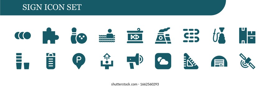 sign icon set. 18 filled sign icons. Included Balls, Puzzle, Bowling, Swimming pool, Canned food, Nuclear, Sausages, Hookah, Boxes, Glass, Sleeping bag, Parking, Motivation icons