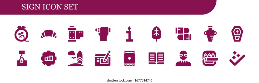 sign icon set. 18 filled sign icons. Included Knit, Croissant, Reel, Pencil, Birthday, Leaf, Bullets, Amphora, Coffin, Package, Gear, Surfboard, Graphic tablet, Snack, Book icons