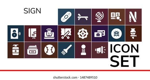 sign icon set. 19 filled sign icons.  Collection Of - Plaster, Speaker, Antiseptic, Cream, Tennis, Brush, Cup, Megaphone, Agenda, Laptop, Scissors, Settings, Postal, Virus, Funnel