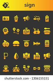 sign icon set. 26 filled sign icons.  Collection Of - Gift card, Watering can, Coffee, Megaphone, No smoking, Battery, Head, Destination, Radar, Bike, Lunchbox, Apple, Goggles