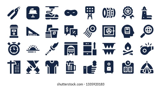 sign icon set. 32 filled sign icons. on blue background style Simple modern icons about  - Pliers, Mailbox, Timer, Crane, Keynote, Set square, Sunrise, Spotlight, 3d, Paper cup