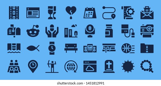 sign icon set. 32 filled sign icons. on blue background style Collection Of - Strip, Mailbox, Pool, Meeting, Web, Reddit, Christianity, Placeholder, Champagne, Pill, Wristwatch