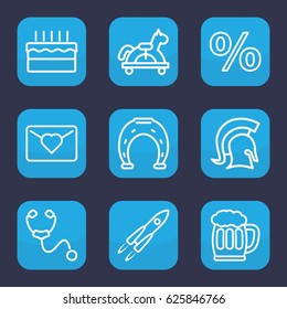 Sign icon. set of 9 outline sign icons such as stethoscope, cake, beer mug, knight, rocket, percent, toy horse, love letter