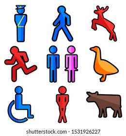 Sign icon set. Policeman, traffic controller, pedestrian, runner, toilet, man, woman, disabled person, deer, goose, bull, cow. 