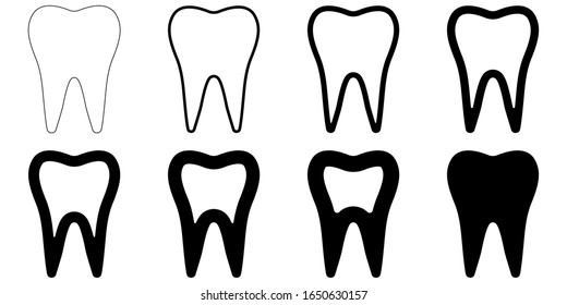 sign icon tooth shape, vector set teeth with different contour thickness, dental tooth icons