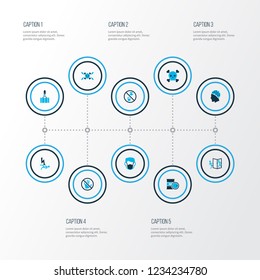 Sign icons colored set with dust mask, overhead crane, high voltage and other attention elements. Isolated vector illustration sign icons.