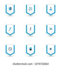 Sign icons colored set with explosive, safety harness, welding mask and other climber elements. Isolated vector illustration sign icons.