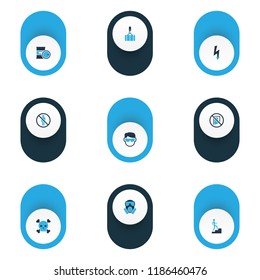Sign icons colored set with keep door closed, electrical hazard, eye protection and other forbidden elements. Isolated vector illustration sign icons.