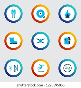 Sign icons colored set with no smoking, welding mask, chocked wheel and other electricity elements. Isolated vector illustration sign icons.