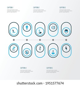 Fijación de iconos coloreados con paro, ropa protectora, grúa aérea y otros elementos resbaladizos. Iconos de signos de ilustración vectorial aislados.