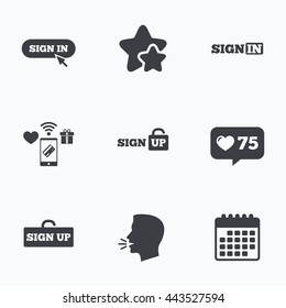 Sign in icons. Login with arrow, hand pointer symbols. Website or App navigation signs. Sign up locker. Flat talking head, calendar icons. Stars, like counter icons. Vector