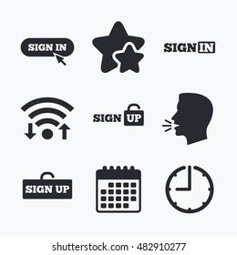 Sign in icons. Login with arrow, hand pointer symbols. Website or App navigation signs. Sign up locker. Wifi internet, favorite stars, calendar and clock. Talking head. Vector