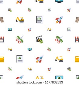 Zeichensymbolmuster nahtlos. Einschließlich bearbeitbarer flacher Jahresbericht, Videoproduzent, Computer Vision, Bagger, Friseursalon, Rakete, Icons für kleine Unternehmen. Symbole für Web und Mobile.